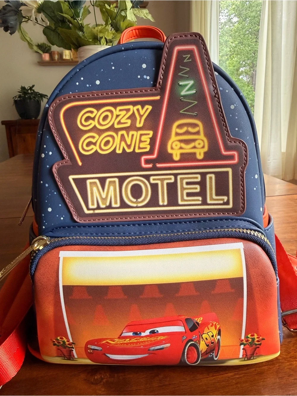 Disney Lightning McQueen Cozy Cone Motel Mini Backpack - Navy & Orange & Red - Picture 1 of 8